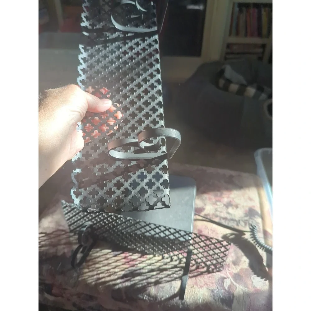 2 Vintage Black Metal Mesh Wall Shelves MCM Filigree Stamp Cut
